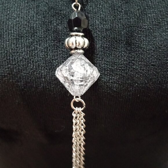Women Fashion Elegant Clear & Black Rhinestone Silver Tassel Pendant Necklace - Picture 7 of 11